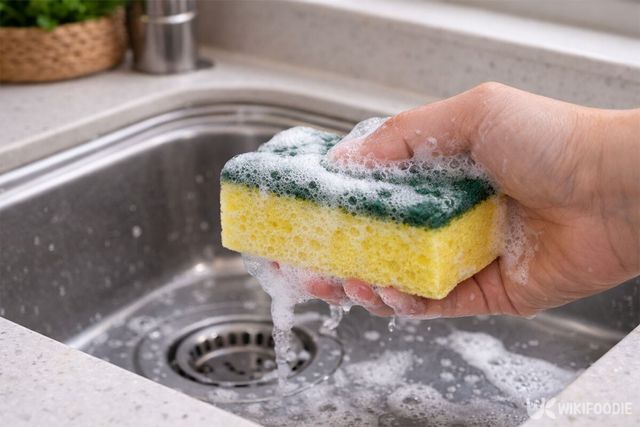 수세미를 거품 내고 있다. / 위키푸디