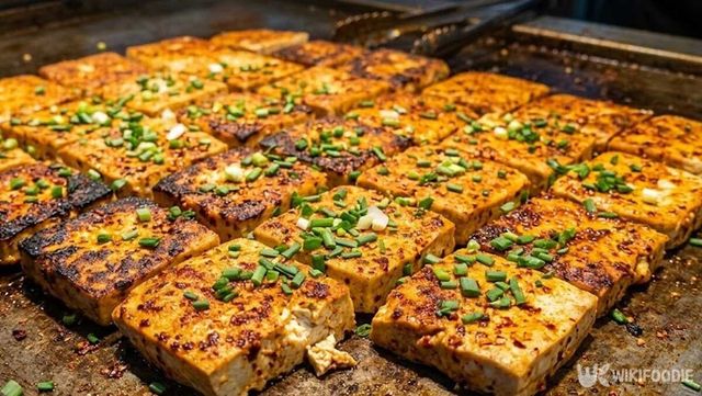 바삭하게 구워낸 취두부 위에 양념과 파를 올린 길거리 음식 모습이다. / 위키푸디