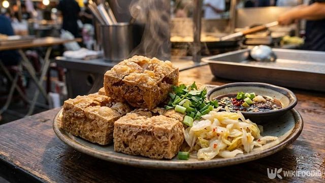 튀겨낸 직후의 취두부와 곁들임 채소. / 위키푸디