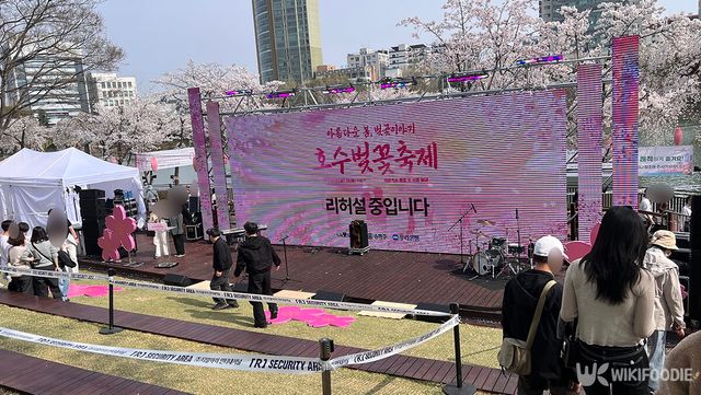 벚꽃이 만개한 석촌 호수에서 축제 리허설을 진행하고 있다. / 위키푸디
