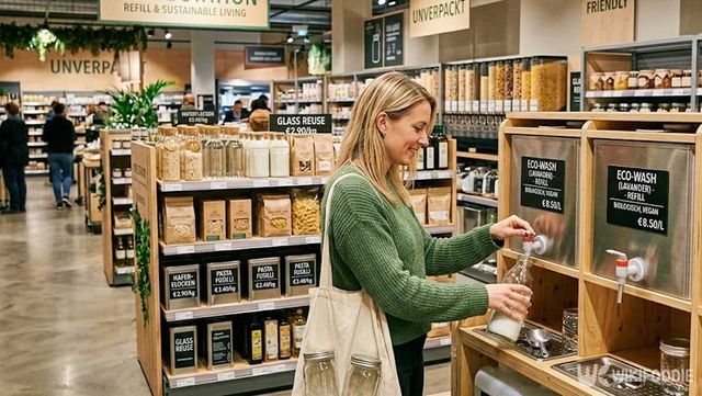 재사용 용기와 리필 시스템이 자리 잡은 유럽 마트 내부. 이해를 돕기 위해 AI 이미지 생성 프로그램으로 만든 참고 사진입니다. / 위키푸디