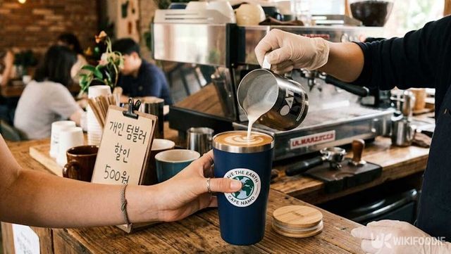 텀블러 사용으로 일회용 플라스틱을 줄이는 일상 장면.&nbsp;이해를 돕기 위해 AI 이미지 생성 프로그램으로 만든 참고 사진입니다. / 위키푸디