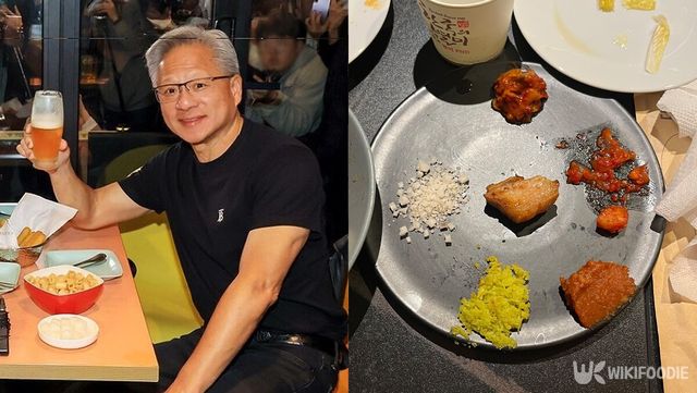 깐부치킨에서 회동을 하고 있는 젠슨 황, 남영돈 각종 양념과 고기 한 점이 접시에 놓여 있는 모습. / 출처 연합뉴스 유튜브 캡처, 위키푸디