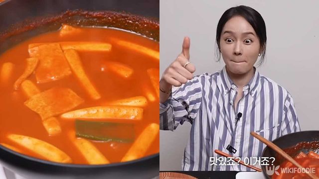 반디 분식집 떡볶이를 맛 본 한가인이 엄지를 들어 올리고 있다. / 유튜브 '자유부인 한가인'