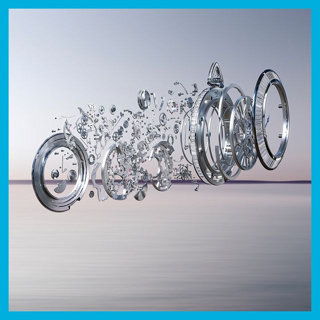 스켈레톤 포켓 워치의 분해도.