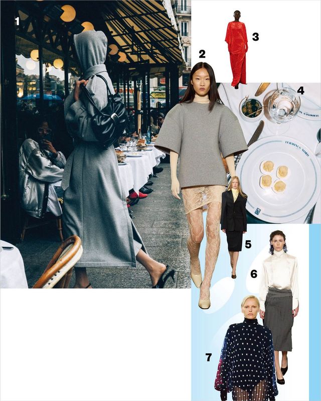 1 레스토랑 ‘Terminus Nord’에서 열린 2025 S/S 컬렉션. 2 하이패션적으로 변주된 티셔츠. 3 마리 아담리나트가 사랑하는 드라마틱한 롱 드레스. 4 쇼장의 관객들에게 제공된 런치. 5 매 시즌 선보이는 구조적인 여밈. 6 2025 S/S 시즌의 주요 룩. 7 2025 S/S 시즌의 트렌드인 폴카 도트가 더해진 롱 드레스. 