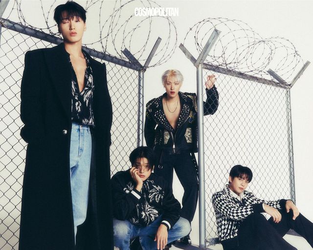 (왼쪽부터, 산)싱글브레스트 코트, 셔츠, 데님 팬츠 모두 Balmain. (우영)보머 재킷, 데님 팬츠, 슈즈 모두 Balmain. (민기)바이커 재킷, 데님 팬츠, 슈즈 모두 Balmain. (종호)집업 재킷, 셔츠, 타이 모두 Balmain. 