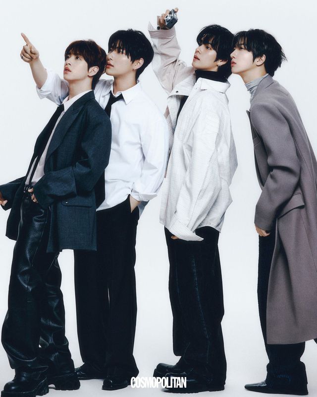 (왼쪽부터, 앨런)재킷 Stu Office. 셔츠 Heute. 레더 팬츠, 타이, 벨트, 슈즈 스타일리스트 소장품. (우빈)셔츠, 팬츠, 타이, 슈즈 스타일리스트 소장품. 귀고리 본인 소장품. (세림)셔츠 Bottega Veneta. 팬츠 Oy. 니트 터틀넥, 슈즈 스타일리스트 소장품. 귀고리 본인 소장품. (원진)코트 Juun.J. 벨벳 팬츠 Eenk. 터틀넥, 슈즈 스타일리스트 소장품. 