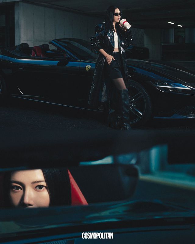 트렌치코트 Bonbom. 쇼츠 Weekend Max Mara. 선글라스 Gentle Monster. 이너 톱, 스타킹, 롱부츠 스타일리스트 소장품. 블랙 스포츠카 Ferrari.