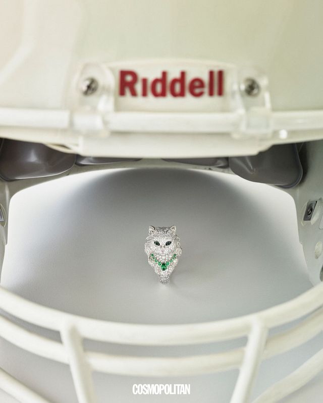  다이아몬드, 차보라이트, 마더오브펄, 쿼츠, 블랙 사파이어, 핑크 래커로 메종의 상징인 고양이 블라디미르를 정교하게 표현한 블라디미르 르 샤 링 7천만원대 Boucheron.