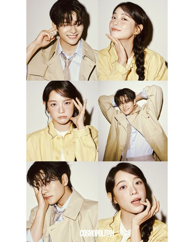 (강태오)트렌치코트, 셔츠, 팬츠, 타이 모두 Dior Men. (김세정)재킷 Longchamp. 귀고리 Milton Stelle. 이너 톱, 목걸이, 반지 스타일리스트 소장품. 