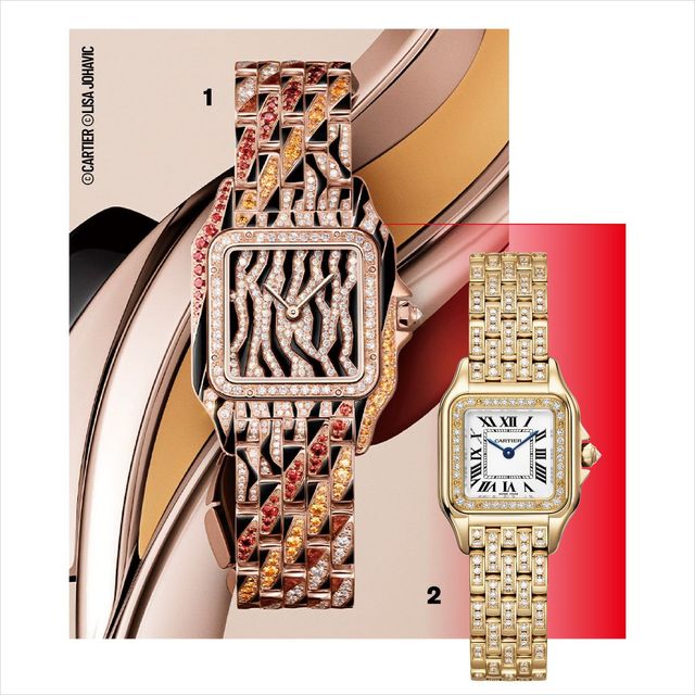 1 추상적인 애니멀 패턴을 가미한 팬더 드 까르띠에 워치. 2 세미 파베 세팅 버전의 팬더 드 까르띠에 워치.