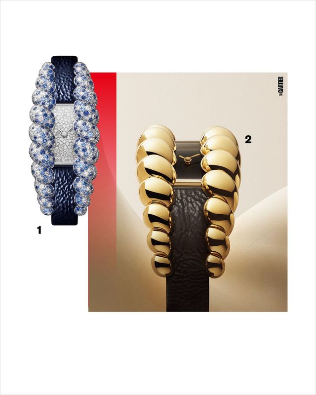 1 화이트 골드에 다이아몬드와 사파이어를 세팅한 트레사쥬 워치. 2 대담한 볼륨의 트레사쥬 워치 옐로 골드 모델. 