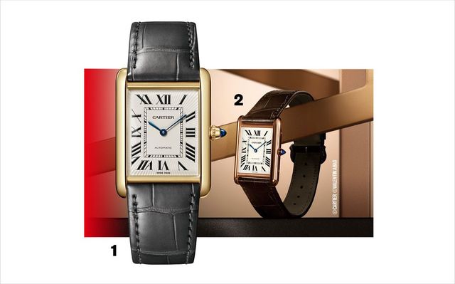 1, 2 사이즈가 커진 탱크 루이 까르띠에 워치의 옐로 골드와 핑크 골드 모델. 