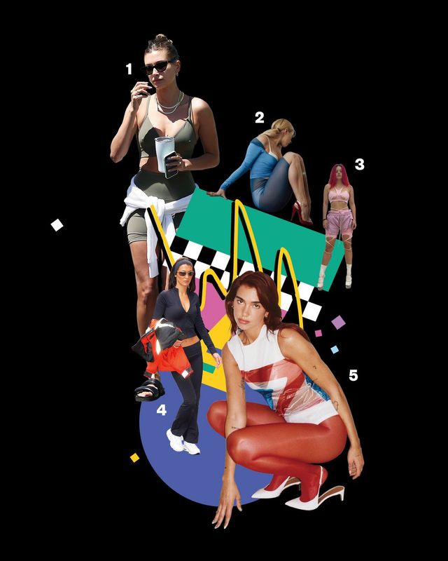 1 미니멀한 에어로빅 룩을 데일리 룩으로 즐기는 헤일리 비버. 2,5 톤온톤 컬러 매치 스타일링을 선보인 애디슨 레이와 두아 리파. 3 로잘리아는 트레이닝 팬츠를 레이어드해 힙한 스타일을 보여줬다. 4 Y2K무드를 가미한 벨라하디드.