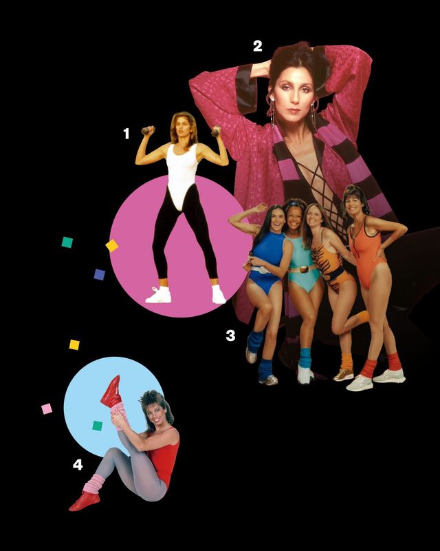 1 1990년대 피트니스 붐을 대표하는 신디 크로퍼드의 홈 비디오 ‘Shape Your Body’. 2 에어로빅 룩을 글램 무드로 소화한 뮤지션 셰어. 3 영화 〈서브스턴스〉에 등장한 에어로빅 룩. 4 피트니스 전문가 데니스 오스틴.