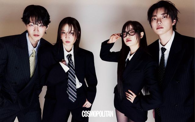 (최현준)슈트 셋업, 타이 모두 Heon Kim. 셔츠 Cos. (윤소희)슈트 셋업 H&M. 귀고리 Ferragamo. 셔츠, 타이 스타일리스트 소장품. (츄)점프슈트 Michael Kors Collection. 안경 Gentle Monster. 셔츠, 타이, 스타킹 스타일리스트 소장품. (정현규)슈트 셋업, 셔츠, 타이 모두 Heon Kim.