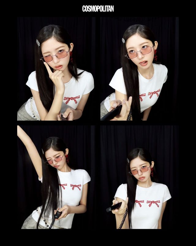 얇은 스퀘어 프레임이 모던한 세렌 01 SIL_P 선글라스 24만8천원 Kinko. 티셔츠, 헤어핀 모두 Sinoon. 스커트 Markgong. 귀고리, 벨트 스타일리스트 소장품.