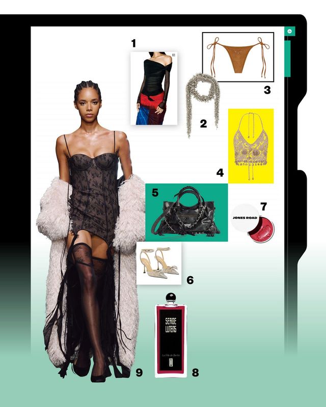 1 뮈글러 오프숄더 보디슈트 1백1만3천9백원. 2 드리스 반 노튼 스카프 1백만원대. 3 프랭키 비키니 비키니 팬티 26만4천3백원. 4 라반 크로셰 브라렛 1백만원대. 5 발렌시아가 르 시티 백 미디엄 블랙 4백98만원. 6 마하앤마하 스틸레토 힐 1백80만원대. 7 존스 로드 뷰티 미라클 밤 핀치드 치크 5만원대. 8 세르주루텐 라 휘드 베흘랑 오드 퍼퓸 25만5천원. 9 Aniye Records 