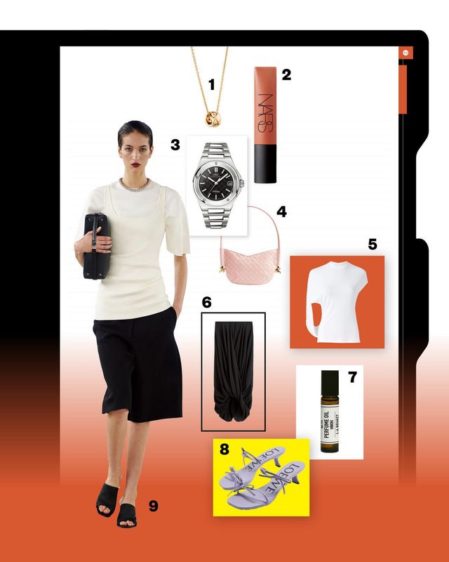 1 샤넬 화인 주얼리 코코 크러쉬 네크리스 4백11만원. 2 나스 에어 매트 립 컬러 돌체비타 4만1천원. 3 IWC 인제니어 오토매틱 35 1천3백80만원. 4 보테가 베네타 베이비 솔스티스 백 3백18만원. 5 자크뮈스 톱 55만원. 6 토템 스커트 88만원. 7 라부르켓 퍼퓸 오일 히노키 8만3천원. 8 로에베 샌들 2백20만원. 9 TOTEME