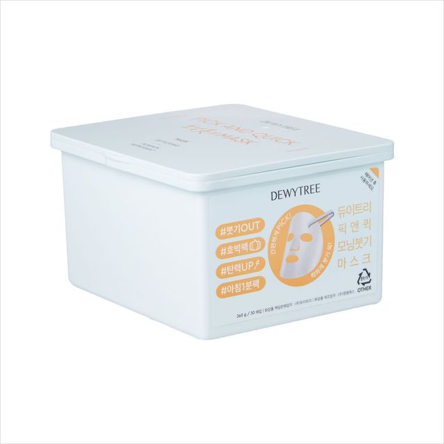 바쁜 아침, 붙이기만 해도 모닝 얼굴 부기 정리 끝! 발효 호박 추출물이 부기를 완화하고, 페퍼민트 추출물이 시원하게 진정시키고, 복합 펩타이드가 피부 탄력을 더해 한층 정돈된 얼굴선을 완성한다. 픽앤퀵 뽑아쓰는 마스크 2만3천원 Dewytree. 
