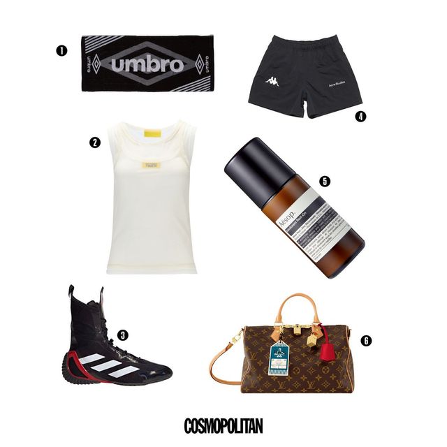 1 타월 3만5천원대 Umbro. 2 21만원 Onitsuka Tiger. 3 31만9천원 Adidas. 4 64만원 Acne StudiosxKappa. 5 데오도란트 롤-온 4만4천원 Aēsop. 6 가격미정 Louis Vuitton.