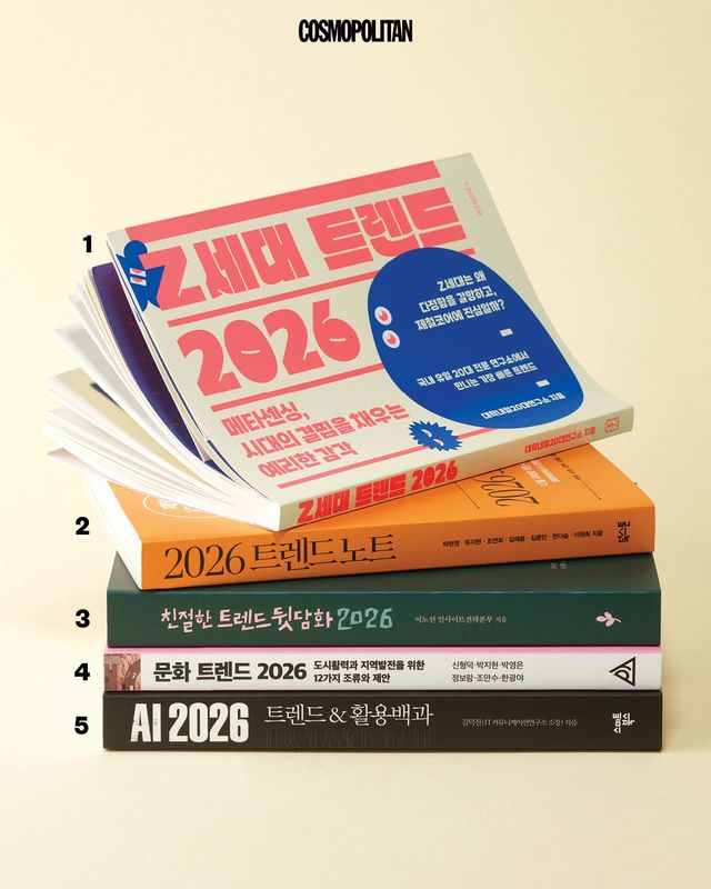 1 Z세대에 초점을 맞춰 트렌드 현상을 연구하는 책. 〈Z세대 트렌드 2026〉, 대학내일20대연구소. 2 빅데이터를 기반으로 라이프스타일과 소비 트렌드를 전망한다. 〈2026 트렌드 노트〉, 북스톤. 3 트렌드에 가장 민감한 이노션 인사이트전략본부 마케터의 날카로운 통찰력이 담긴 책. 〈친절한 트렌드 뒷담화 2026〉, 싱긋. 4 사회문제에 따른 도시, 지역의 트렌드와 해결책을 제안한다. 〈문화 트렌드 2026〉, 박영사. 5 AI 트렌드부터 AI 도구 활용법까지 두루 소개하는 AI 백과. 〈AI 2026 트렌드&활용백과〉, 스마트북스.