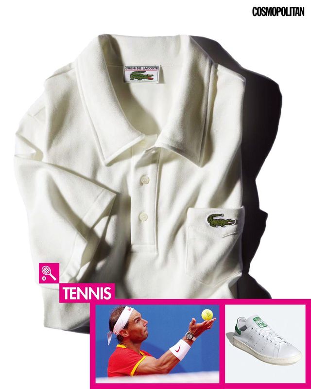 라코스테의 L.12.12 폴로셔츠 아카이브 피스, 리차드 밀 워치를 착용한 라파엘 나달, 아디다스의 스탠스미스 스니커즈. 