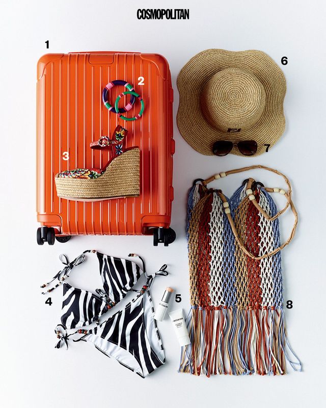 1 오렌지 에센셜 캐빈 슈트케이스 1백36만원 Rimowa. 2 컬러 뱅글 모두 가격미정 Hermès. 3 웨지 힐 샌들 가격미정 Dolce&Gabbana. 4 비키니 톱과 브리프 각각 8만9천원 모두 Daze Dayz. 5 르 스틱 UV 인비저블 9만2천원대, 플루이드 UV 인비저블 8만8천원대 모두 Dior Beauty. 6 라피아 해트 1백5만원 Fendi. 7 에이비에이터 선글라스 62만5천원 Chloé. 8 마크라메 백 5만8천원 Daze Dayz. 