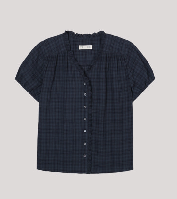 Check frill V-neck blouse