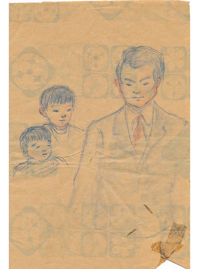 유년 시절 할아버지가 포장지 뒷면에 색연필로 그려준 그림이다. 오른쪽부터 아버지, 나, 그리고 남동생.