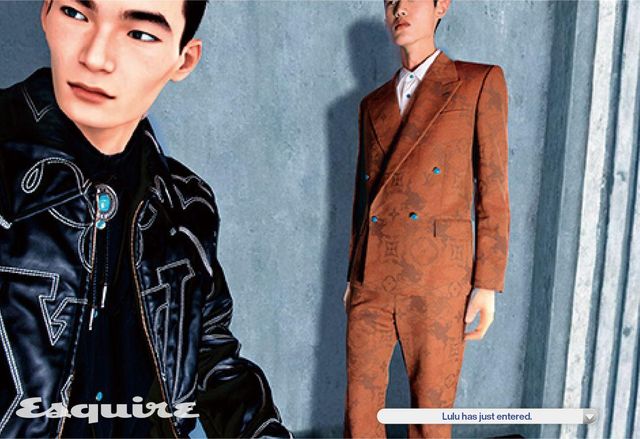 아라베스크 보머 블루종, 카우보이 셔츠, 볼로 타이 모두 가격 미정 루이 비통. 로데오 자카르 재킷, 셔츠, 자카르 플레어 팬츠 모두 가격 미정 루이 비통.