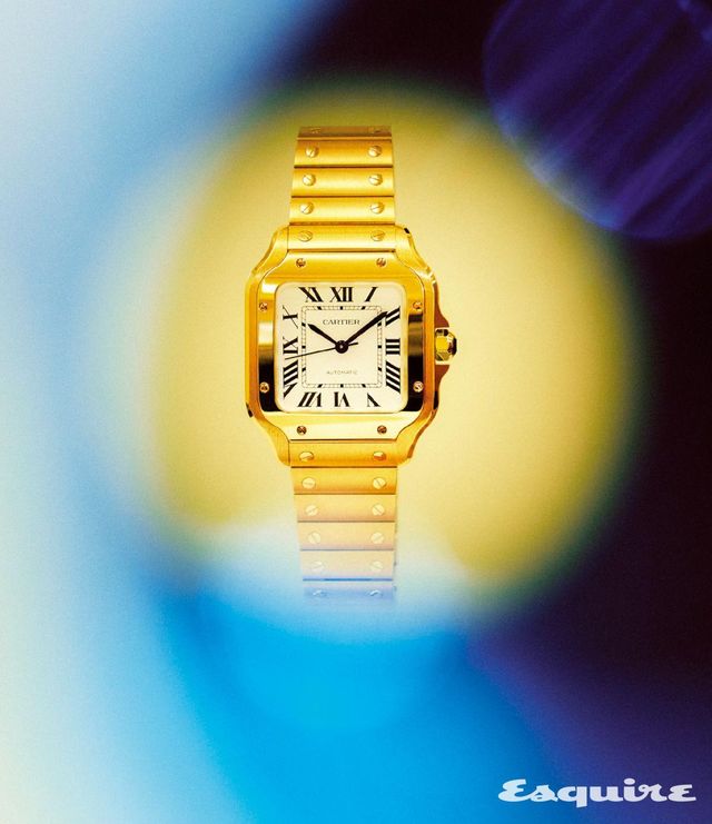 옐로 골드 케이스에 로만 인덱스와 기찻길 모양의 미니트 트랙, 블루 스틸 핸즈를 더해 클래식한 무드를 살린 산토스 드 까르띠에 워치 가격 미정 까르띠에. 