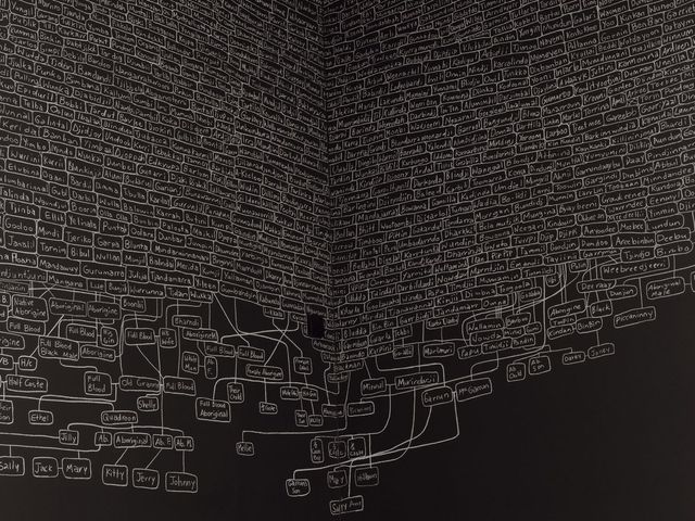 6만5000년이 넘는 원주민 가계도를 검게 칠한 벽과 천장 가득 하얀 분필로 몇 달에 걸쳐 그렸다는 아치 무어의 작품 ‘친구와 친척’의 설치 전경. ©Australia Pavilion