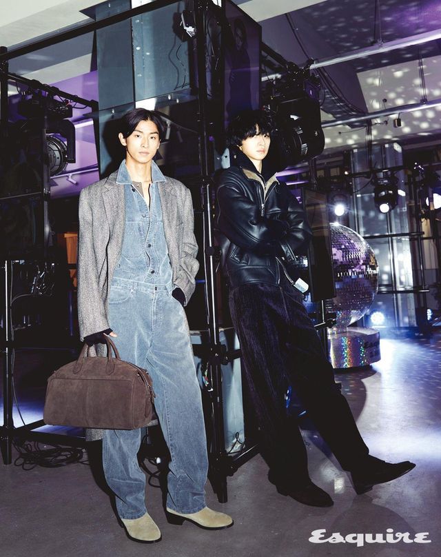 에스콰이어 30주년 이벤트를 함께한 파트너, 타임 옴므의 2025 F/W 시즌 ‘Breeze from the Touch’ 컬렉션 룩을 입은 모델 유고와 김정식.