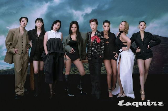 (효진초이) 재킷, 베스트, 팬츠 모두 본봄. 슈즈 스타일리스트 소장품. (노제) 드레스 에스알브이씨 by 샘플라스. 브레이슬릿 스와로브스키. 부츠 스타일리스트 소장품. (립제이) 톱, 팬츠 모두 사카이. 슈즈 돌체앤가바나. (허니제이) 재킷 마틴 로즈. 보디슈트 스타일리스트 소장품. 부츠 디젤. (아이키) 재킷, 팬츠 모두 발렌티노. 슈즈 스타일리스트 소장품. (리헤이) 재킷, 톱, 팬츠 모두 페라가모. 슈즈 스타일리스트 소장품. 네크리스 스와로브스키. (가비) 톱, 스커트, 슈즈 모두 막스마라. 브레이슬릿 스타일리스트 소장품. (리정) 보디슈트 마이클 코어스. 슈즈 마크 제이콥스.