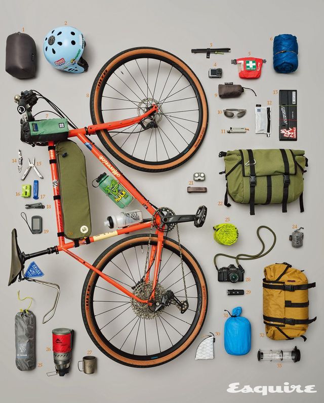  1 큐물러스 퀼트 350 침낭. 2 프로텍 풀컷 헬멧. 3 메이크투하이크 랜턴 스탠드. 4 DJI 오즈모 액션4. 5 씨투써밋 응급 키트. 6 파타고니아 마이크로퍼프 경량 패딩. 7 히치 히치카와 보틀백. 8 매버릭 그레벨 바이크. 9 니모 필로 엘리트 럭셔리 배게. 10 라파 돌턴 고글. 11 소토 ST-480C 가스 토치. 12 아트워크트레일 X 히다스 다이니마 파우치. 13 베른 VST 플랫테이블 S. 14 MSR 유니버설 캐니스터 스탠드. 15 레더맨 사이드킥 멀티툴. 16 TPU 자전거 튜브. 17 파크툴 TL-4.2C 타이어 주걱 레버. 18 체인 툴. 19 가민 엣지 익스플로러 2 내비게이션. 20 스페셜라이즈드 X 피엘라벤 프레임 백. 21 크레모아 헤디3 헤드 랜턴. 22 버팔로백 프런트백. 23 니모 조르 레귤러 경량 매트. 24 씨투써밋 울트라씰 데이팩 초경량 가방. 25 헬리녹스 체어제로. 26 MSR 윈드 버너 스토브 시스템. 27 스노우피크 티타늄 컵 300. 28 캐논 NEW F-1 필름 카메라. 29 루라이트 수파 1.0 자전거 전조등. 30 하이커워크샵 커피 필터 파우치. 31 블랙 다이아몬드 베타라이트 텐트. 32 버팔로백 새들백. 33 델타 커피 프레스. 