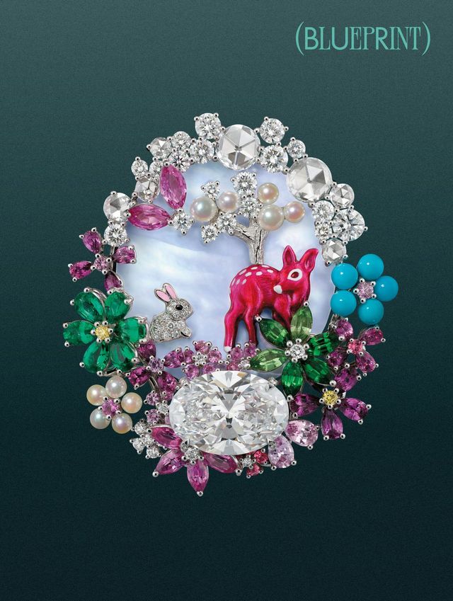 화이트 골드에 화이트 & 옐로 다이아몬드, 에메랄드, 핑크 사파이어, 스피넬, 퍼플 & 차보라이트 가넷, 터콰이즈, 펄, 마더오브펄, 래커를 장식한 디오렉스퀴 링 디올 하이주얼리.