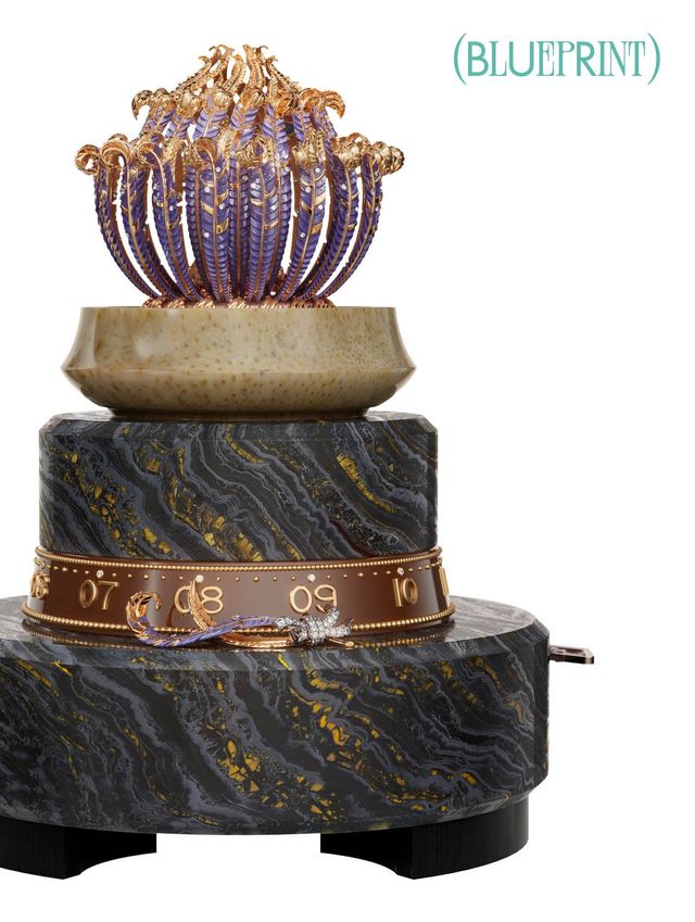 그레이 계열 색조가 오묘하게 뒤섞인 아이언 아이 스톤 몸체 위로 두 개의 에나멜 깃털이 시간을 표시하는 네상스 드 라무르 오토마통 가격미정 반클리프 아펠.