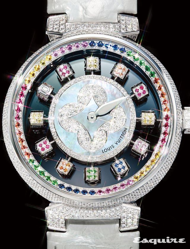 머더오브펄, 다이아몬드, 사파이어, 루비, 차보라이트로 케이스와 다이얼, 인덱스를 호화롭게 완성했다. 땅부르 스핀 타임 에어 가격 미정 루이 비통. 