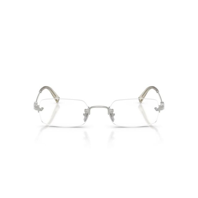 템플에 각인된 로고가 돋보이는 실버 톤의 투명 프레임 안경 / 이미지 출처: 미우미우.
