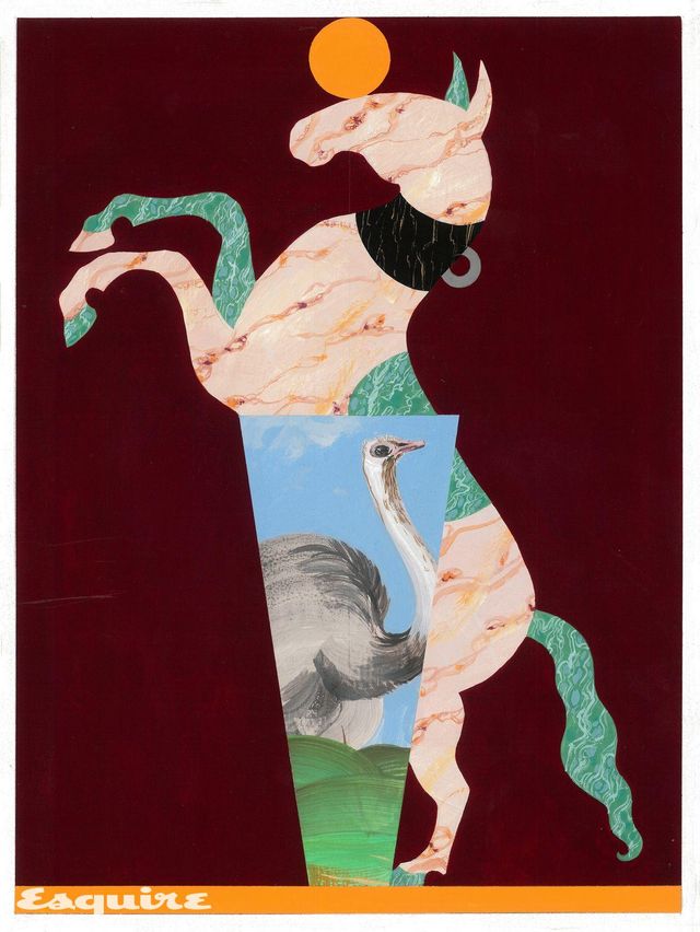 'Legend: Critter Pavilion, Ostrich Caryatid', 2024, Gouache and silverpoint on poplar panel, 28 x 21 cm. 