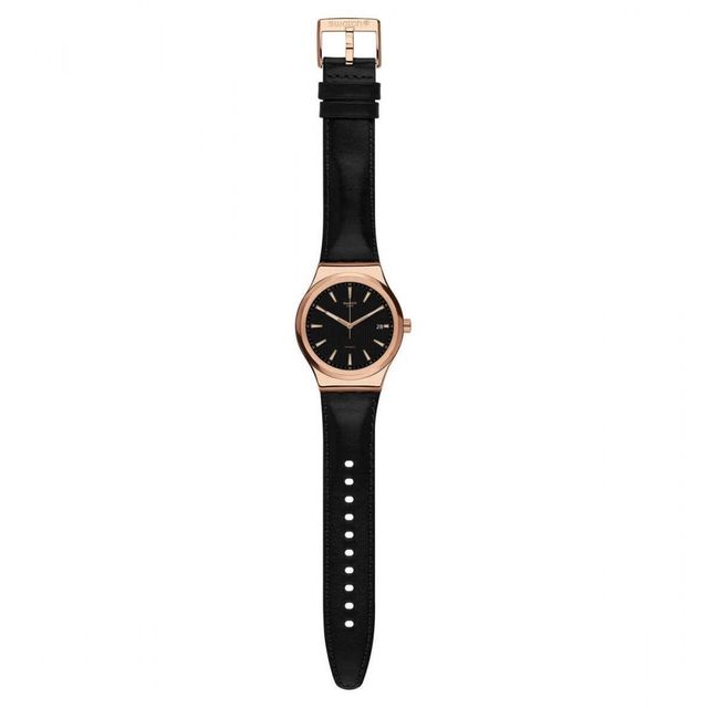 로즈 골드와 블랙 컬러로 조화를 이룬 스와치 시스템 로지(YIG400). / 이미지 출처: 스와치