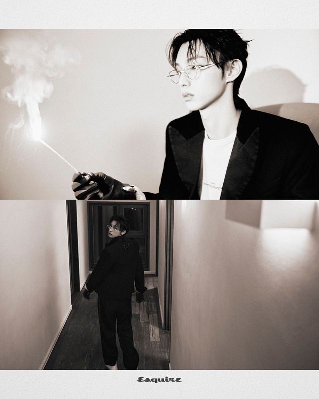 재킷, 티셔츠, 팬츠, 슈즈, 글러브 모두 메종 마르지엘라. 안경 하이칼라 by 로케이트 아이웨어. 