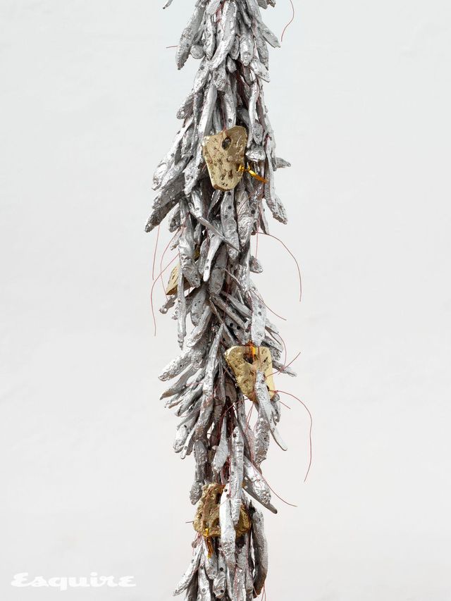 Tract XXIV, 2025 cast aluminum anchovies, cast bronze lotus root, metallic twist ties, nylon Approx. Installation visual. Courtesy of the artist. Photo Paul Salveson