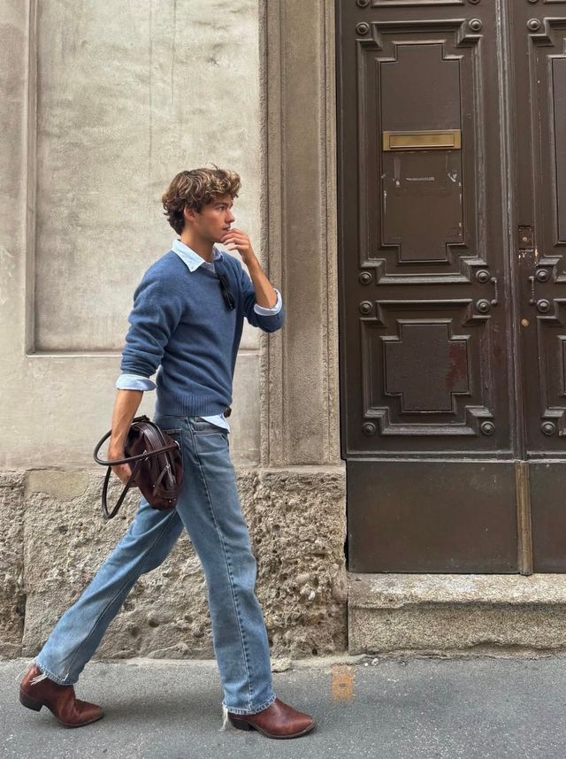 깔끔하면서도 빈티지한 무드의 스트레이트 핏 데님 팬츠에 니트 코디는 세련된 데일리룩을 만들어준다. / 이미지 출처: 인스타그램 @nick.reid