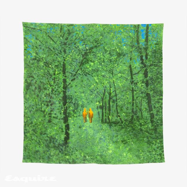 이우성, '숲속에서 두 사람', 2024-2026, 천 위에 아크릴릭 라텍스, 아크릴릭 과슈, 아크릴릭, 한지, 210 x 213cm.