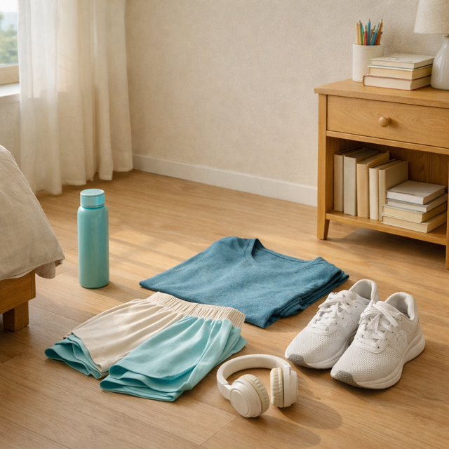 전날 밤 미리 준비해 둔 운동복과 운동화, 텀블러의 배열 / 이미지 출처: 본문 내용을 기반으로 생성한 챗지피티 이미지