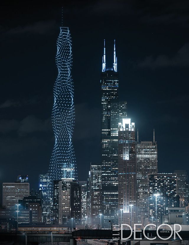 도시 전경 위에 세상에 존재하지 않는 건물을 상상해 그렸다.