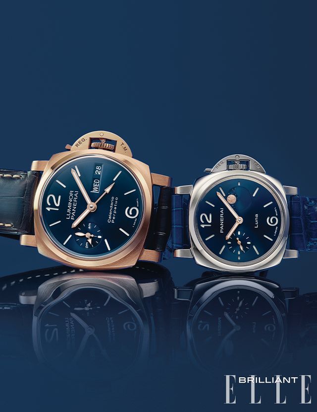 (왼쪽부터) 블루 선-브러시드 다이얼과 볼드한 골드테크 케이스, 볼드한 세이프티 록 크라운 디테일이 돋보이는 44mm ‘루미노르 퍼페추얼 캘린더 골드테크’ 워치는 6천7백만원대, 푸른 밤하늘에 떠 있는 달을 연상시키는 문페이즈가 돋보이는 콤팩트한 38mm ‘루미노르 두에 루나’ 워치는 1천2백만원대 모두 PANERAI.